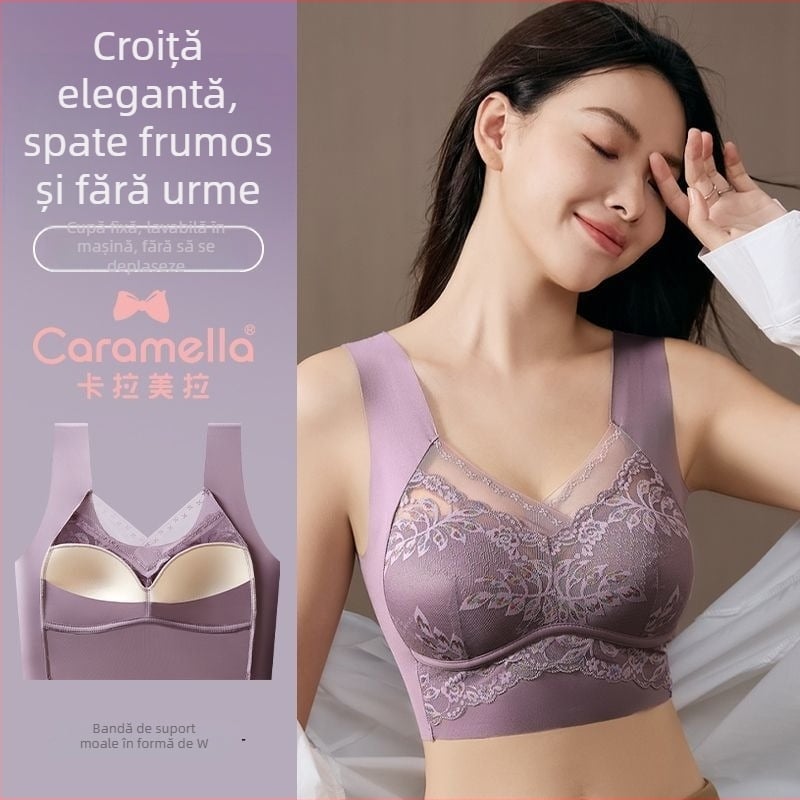 Sutien fara fir din dantelă, cupe complete, stil bustieră, bretele fixe în dublu, fără cârlig, cupe din nylon respirant