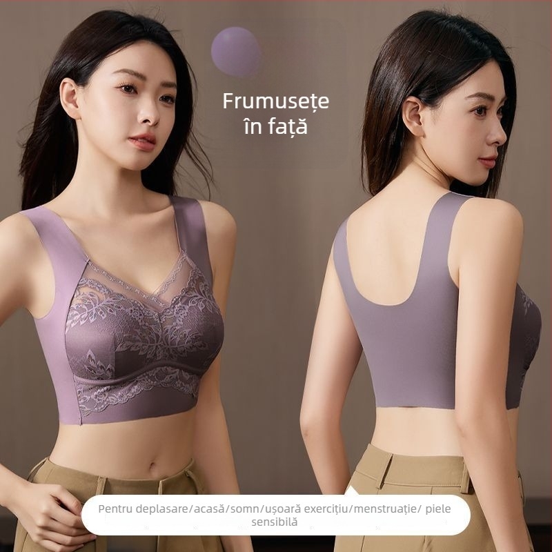 Sutien fara fir din dantelă, cupe complete, stil bustieră, bretele fixe în dublu, fără cârlig, cupe din nylon respirant