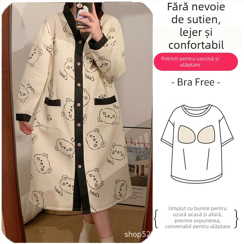 Rochie de noapte de maternitate pentru alăptare, mâneci lungi, deschidere pentru alăptare, poliester (30-50%), ediție de iarnă 2025