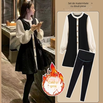 Set maternitate: top tricot chenille cu mâneci lungi și pantaloni 3/4, stil casual japonez-coreean, Spandex <30%