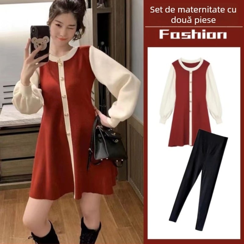 Set maternitate: top tricot chenille cu mâneci lungi și pantaloni 3/4, stil casual japonez-coreean, Spandex <30%