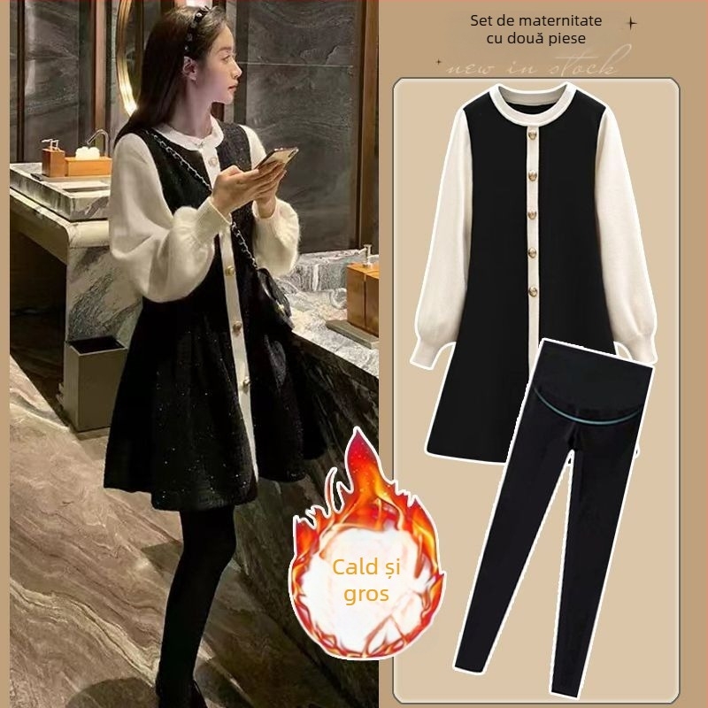 Set maternitate: top tricot chenille cu mâneci lungi și pantaloni 3/4, stil casual japonez-coreean, Spandex <30%