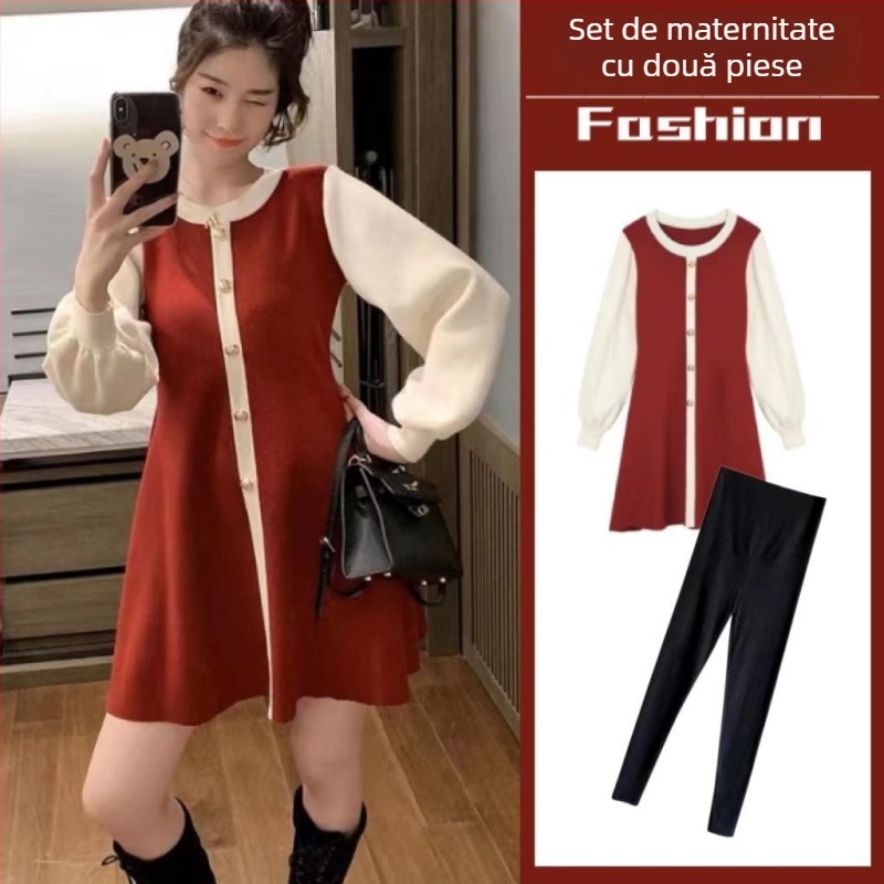 Set maternitate: top tricot chenille cu mâneci lungi și pantaloni 3/4, stil casual japonez-coreean, Spandex <30%