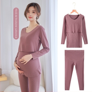 Set matern pentru alăptare: Bluza și pantaloni, mâneci lungi, deschidere pentru alăptare, tricot poliester și elastan