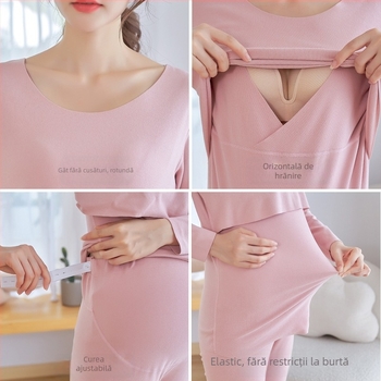 Set matern pentru alăptare: Bluza și pantaloni, mâneci lungi, deschidere pentru alăptare, tricot poliester și elastan