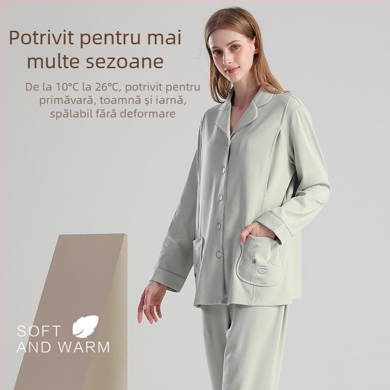 Pijamă maternitate și alăptare, două piese, bumbac 95%+, mâneci lungi, deschidere pentru alăptare