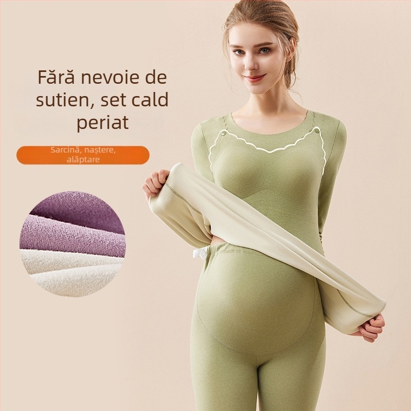 Set postnatal pentru alăptare cu mâneci lungi și pantaloni, model color block, țesătură poliester/spandex, deschidere pentru alăptare, iarna 2024