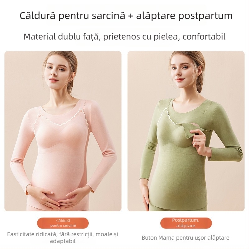 Set postnatal pentru alăptare cu mâneci lungi și pantaloni, model color block, țesătură poliester/spandex, deschidere pentru alăptare, iarna 2024