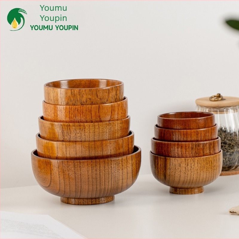 Vas din lemn pentru veselă japoneză de uz casnic, vas gros anti-arzire pentru tăiței și supă, formă rotundă, suprafață cu desen realizat manual, stil modern minimalist, logo personalizabil