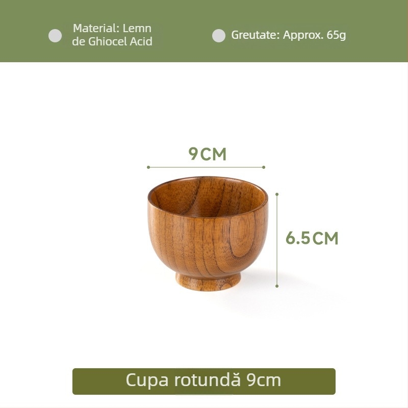 Vas din lemn pentru veselă japoneză de uz casnic, vas gros anti-arzire pentru tăiței și supă, formă rotundă, suprafață cu desen realizat manual, stil modern minimalist, logo personalizabil