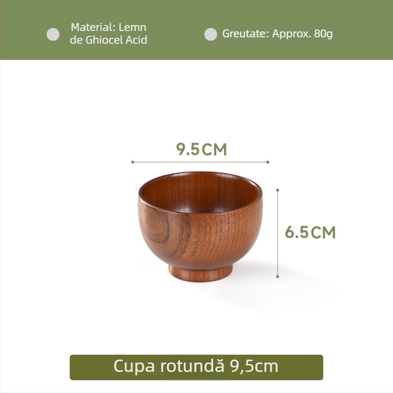 Vas din lemn pentru veselă japoneză de uz casnic, vas gros anti-arzire pentru tăiței și supă, formă rotundă, suprafață cu desen realizat manual, stil modern minimalist, logo personalizabil