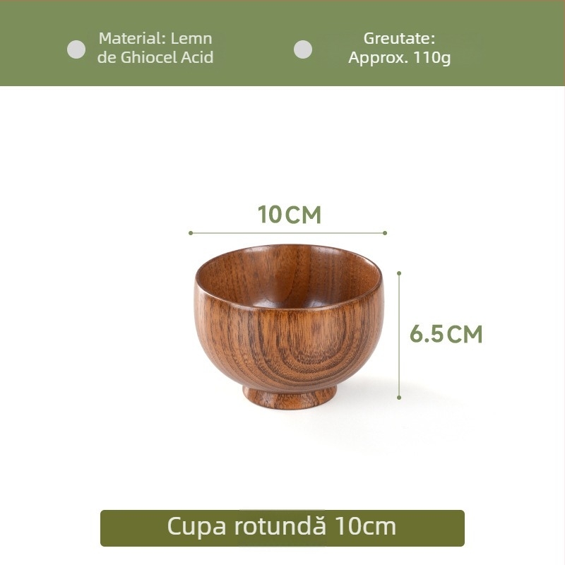 Vas din lemn pentru veselă japoneză de uz casnic, vas gros anti-arzire pentru tăiței și supă, formă rotundă, suprafață cu desen realizat manual, stil modern minimalist, logo personalizabil