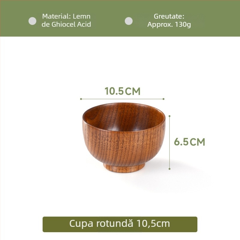 Vas din lemn pentru veselă japoneză de uz casnic, vas gros anti-arzire pentru tăiței și supă, formă rotundă, suprafață cu desen realizat manual, stil modern minimalist, logo personalizabil