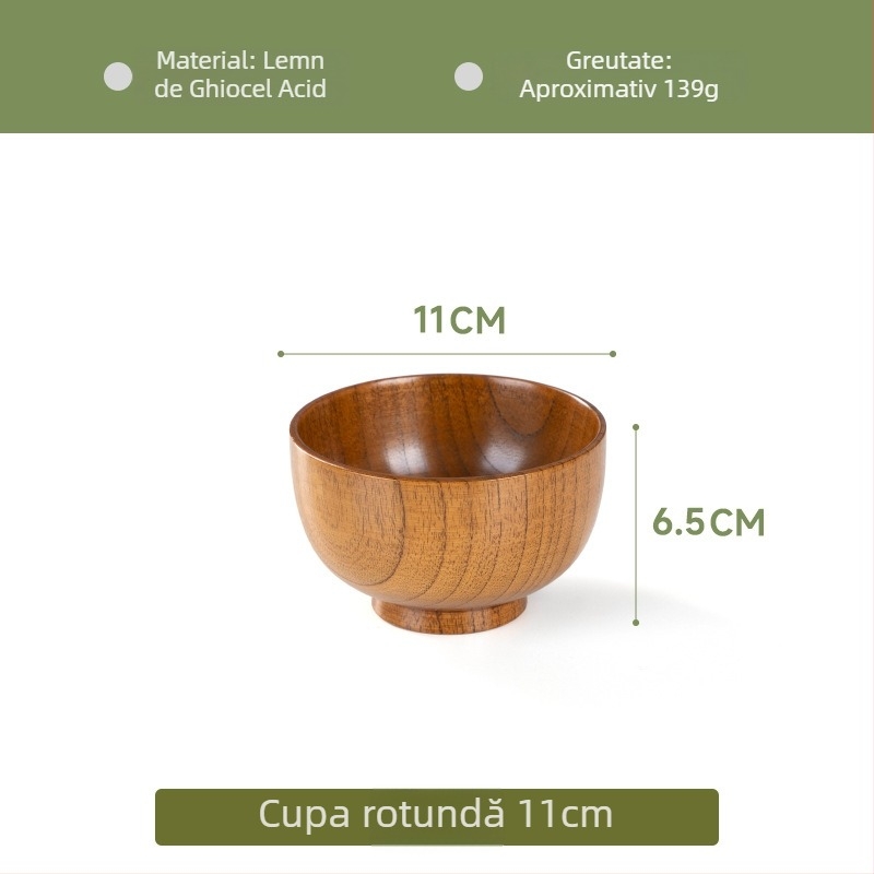 Vas din lemn pentru veselă japoneză de uz casnic, vas gros anti-arzire pentru tăiței și supă, formă rotundă, suprafață cu desen realizat manual, stil modern minimalist, logo personalizabil