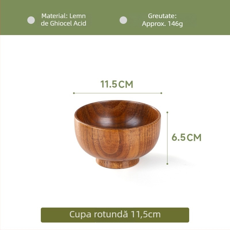 Vas din lemn pentru veselă japoneză de uz casnic, vas gros anti-arzire pentru tăiței și supă, formă rotundă, suprafață cu desen realizat manual, stil modern minimalist, logo personalizabil