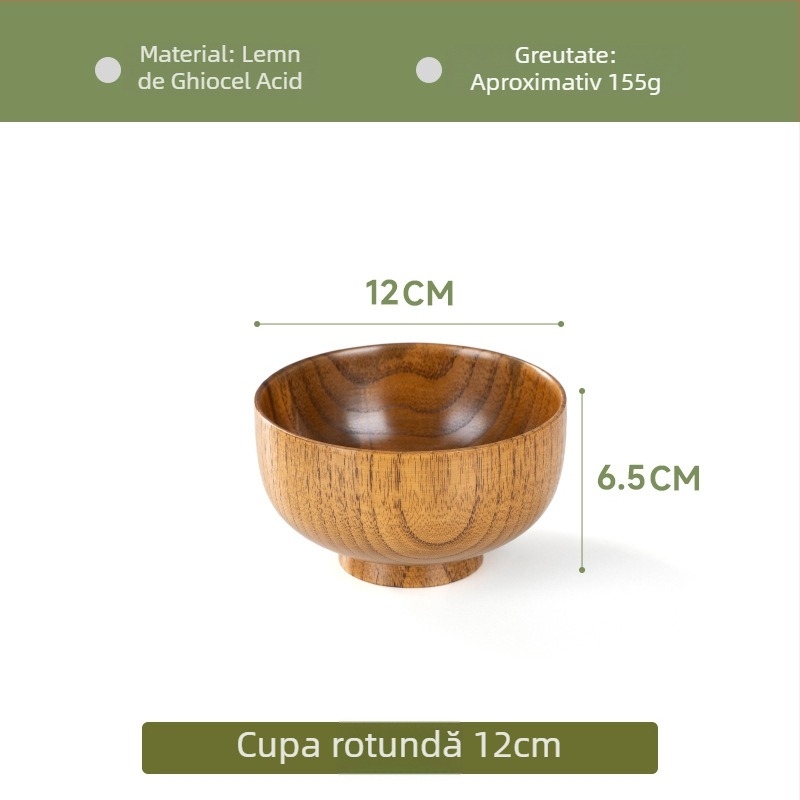 Vas din lemn pentru veselă japoneză de uz casnic, vas gros anti-arzire pentru tăiței și supă, formă rotundă, suprafață cu desen realizat manual, stil modern minimalist, logo personalizabil