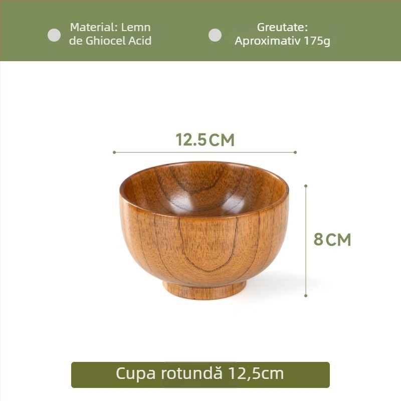 Vas din lemn pentru veselă japoneză de uz casnic, vas gros anti-arzire pentru tăiței și supă, formă rotundă, suprafață cu desen realizat manual, stil modern minimalist, logo personalizabil