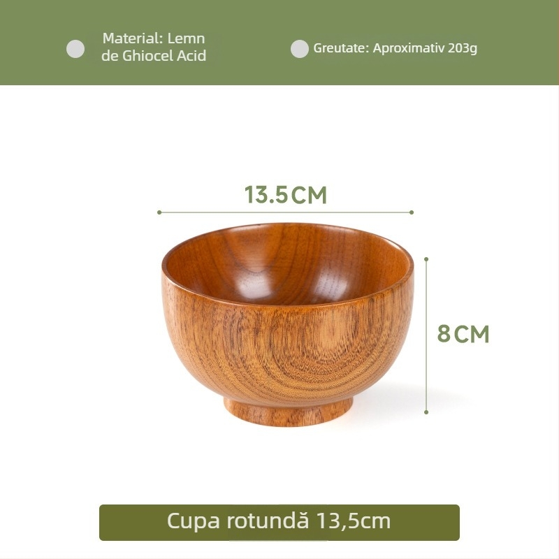 Vas din lemn pentru veselă japoneză de uz casnic, vas gros anti-arzire pentru tăiței și supă, formă rotundă, suprafață cu desen realizat manual, stil modern minimalist, logo personalizabil