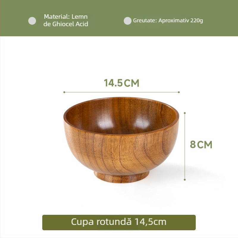 Vas din lemn pentru veselă japoneză de uz casnic, vas gros anti-arzire pentru tăiței și supă, formă rotundă, suprafață cu desen realizat manual, stil modern minimalist, logo personalizabil