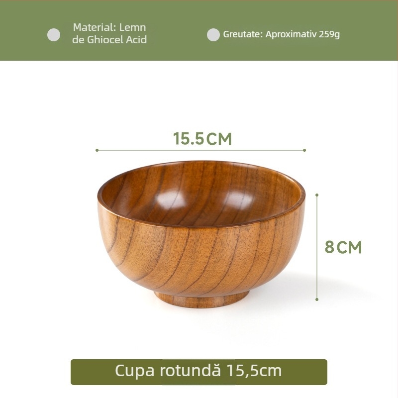 Vas din lemn pentru veselă japoneză de uz casnic, vas gros anti-arzire pentru tăiței și supă, formă rotundă, suprafață cu desen realizat manual, stil modern minimalist, logo personalizabil