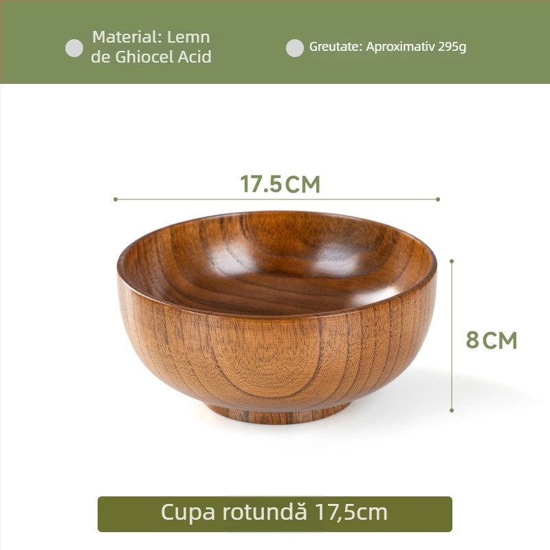 Vas din lemn pentru veselă japoneză de uz casnic, vas gros anti-arzire pentru tăiței și supă, formă rotundă, suprafață cu desen realizat manual, stil modern minimalist, logo personalizabil