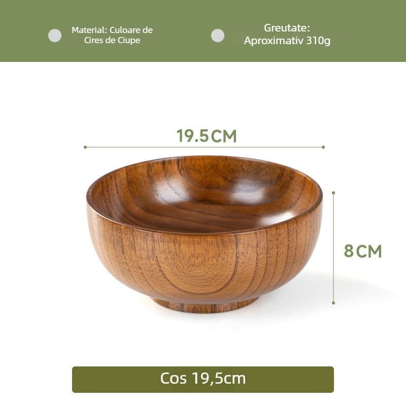 Vas din lemn pentru veselă japoneză de uz casnic, vas gros anti-arzire pentru tăiței și supă, formă rotundă, suprafață cu desen realizat manual, stil modern minimalist, logo personalizabil
