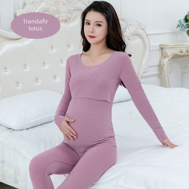 Lenjerie termică maternă pentru sarcină și alăptare, fără cusături, căptușită cu fleece, mâneci lungi, acces pentru alăptare, material tricot 78% acetat