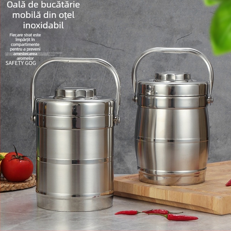 Cutie de prânz din oțel inoxidabil, izolație cu vid, formă de tambur, capacitate 2 L
