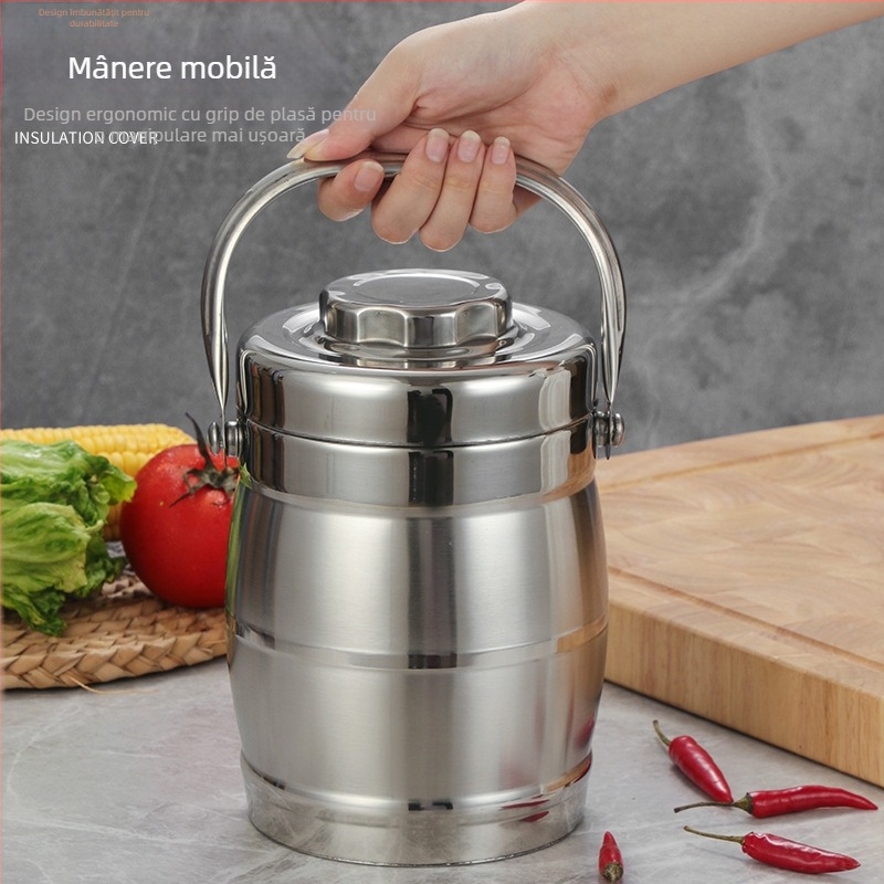 Cutie de prânz din oțel inoxidabil, izolație cu vid, formă de tambur, capacitate 2 L