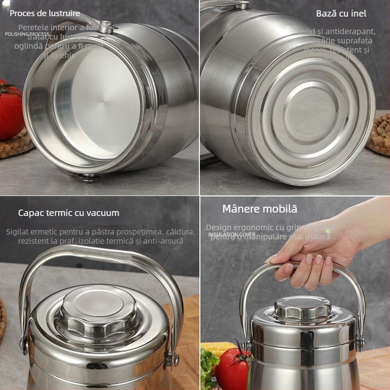 Cutie de prânz din oțel inoxidabil, izolație cu vid, formă de tambur, capacitate 2 L