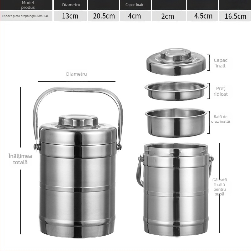 Cutie de prânz din oțel inoxidabil, izolație cu vid, formă de tambur, capacitate 2 L