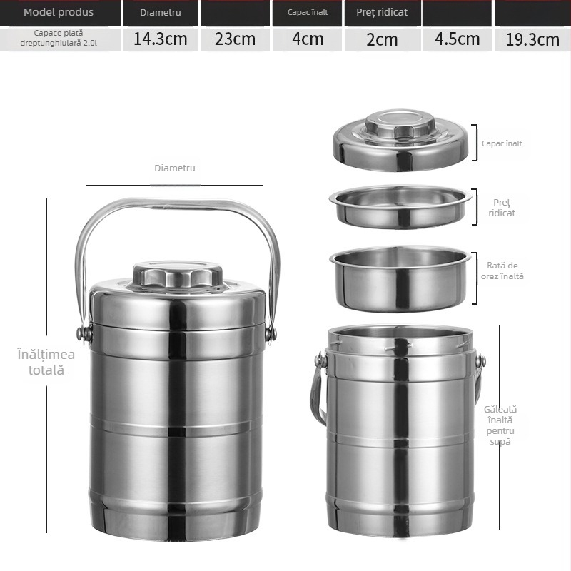 Cutie de prânz din oțel inoxidabil, izolație cu vid, formă de tambur, capacitate 2 L