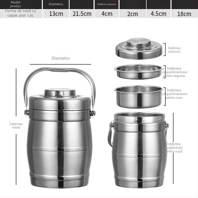 Cutie de prânz din oțel inoxidabil, izolație cu vid, formă de tambur, capacitate 2 L