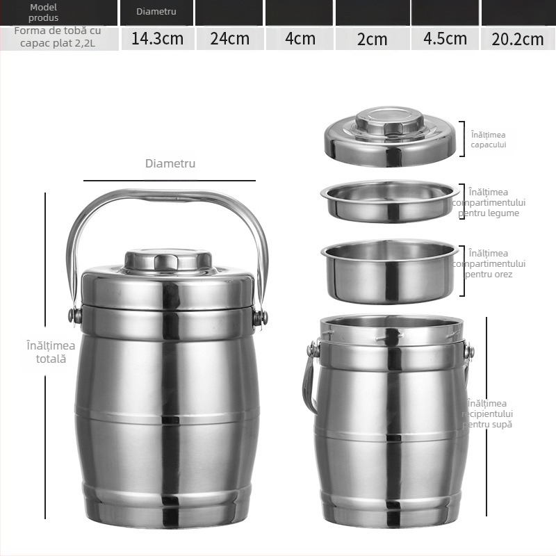 Cutie de prânz din oțel inoxidabil, izolație cu vid, formă de tambur, capacitate 2 L