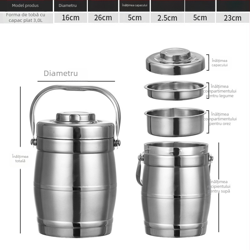 Cutie de prânz din oțel inoxidabil, izolație cu vid, formă de tambur, capacitate 2 L