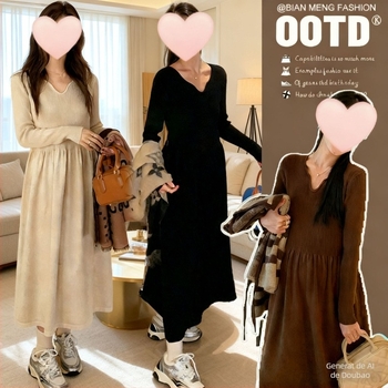 Rochie maternitate tricotată cu decolteu în V, mâneci lungi, tricot din bumbac 30–50%, lungime medie, croială în stil zână, stil street fashion