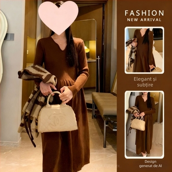 Rochie maternitate tricotată cu decolteu în V, mâneci lungi, tricot din bumbac 30–50%, lungime medie, croială în stil zână, stil street fashion