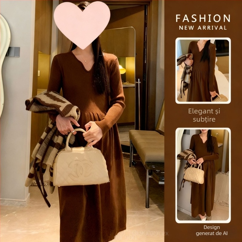 Rochie maternitate tricotată cu decolteu în V, mâneci lungi, tricot din bumbac 30–50%, lungime medie, croială în stil zână, stil street fashion