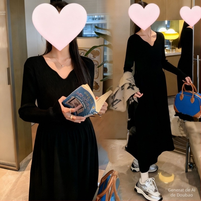 Rochie maternitate tricotată cu decolteu în V, mâneci lungi, tricot din bumbac 30–50%, lungime medie, croială în stil zână, stil street fashion