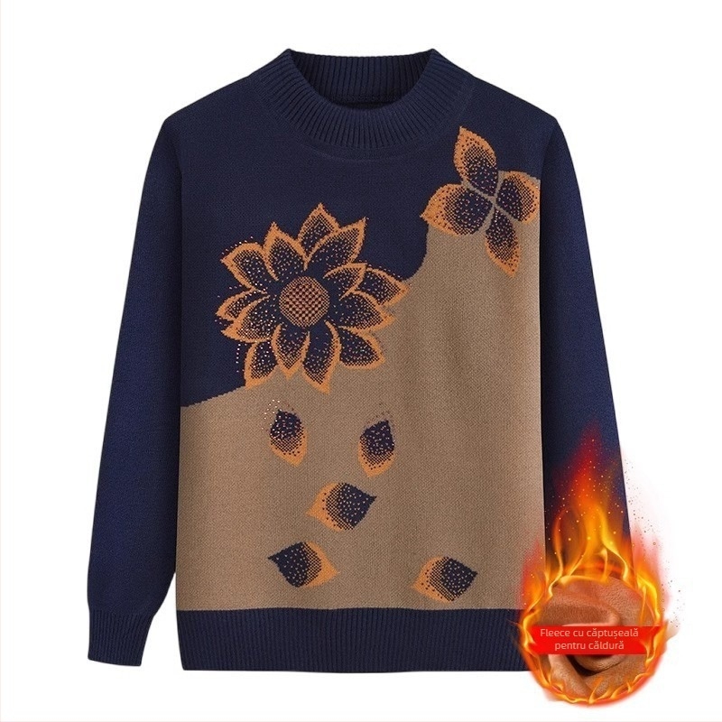 Top tricot pentru femei mature, mâneci lungi, guler semi-turtleneck, material acrilic