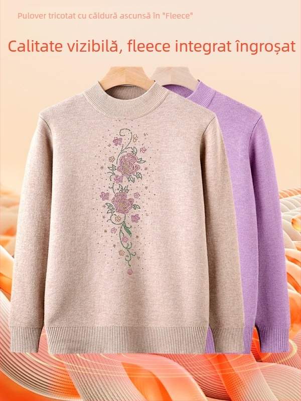 Pulover casual pentru femei, imprimeu cu plante, guler rotund, mâneci lungi, croială lejeră (fibră poliester 80–90%)