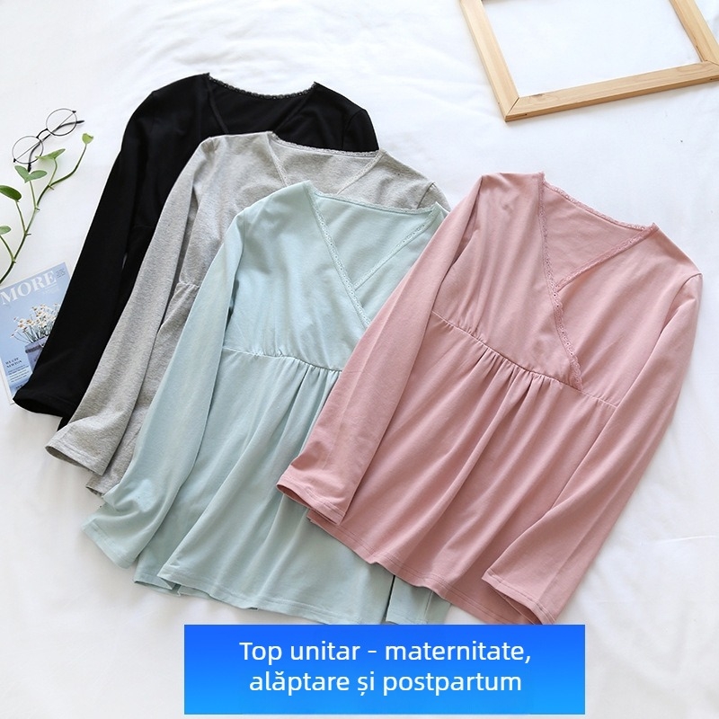 Tricou de maternitate pentru alăptare, stil coreean, tricot, 95% bumbac, mâneci lungi