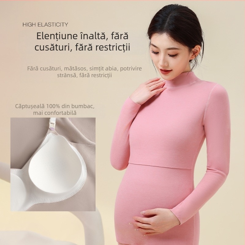 Set termic pentru gravide cu top cu mânecă lungă și pantaloni, poliester gros 80–90% cu 10,9% elastan, iarnă/toamnă, brand Yixuanfen