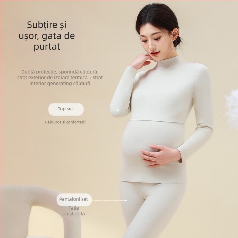 Set termic pentru gravide cu top cu mânecă lungă și pantaloni, poliester gros 80–90% cu 10,9% elastan, iarnă/toamnă, brand Yixuanfen