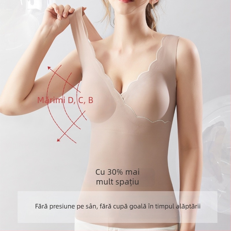 Top de alăptare cu decolteu în V, fără mâneci, lungime medie, material nylon-spandex, croială strânsă, cu deschidere pentru alăptare
