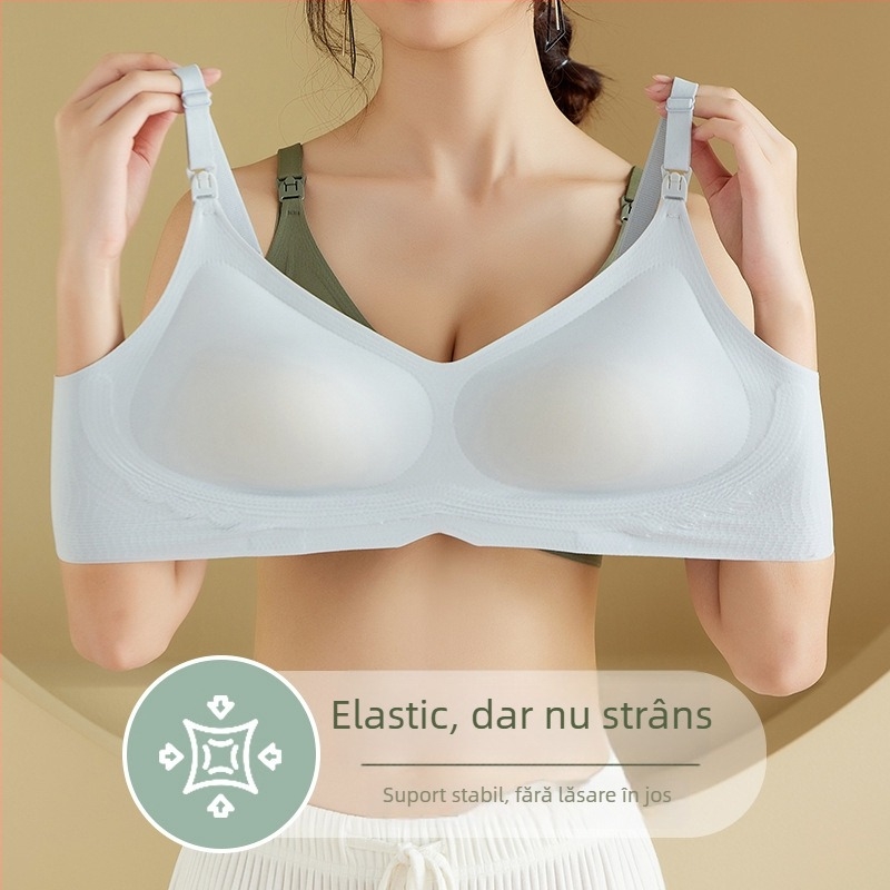 Sutien de alăptare pentru sarcină – material principal nylon, căptușeală din spandex (30–50%), cupe modelate cu vârf subțire în sus și bază mai groasă, închidere la spate cu trei rânduri de carlige, bretele fixe dublu, design dintr-o bucată