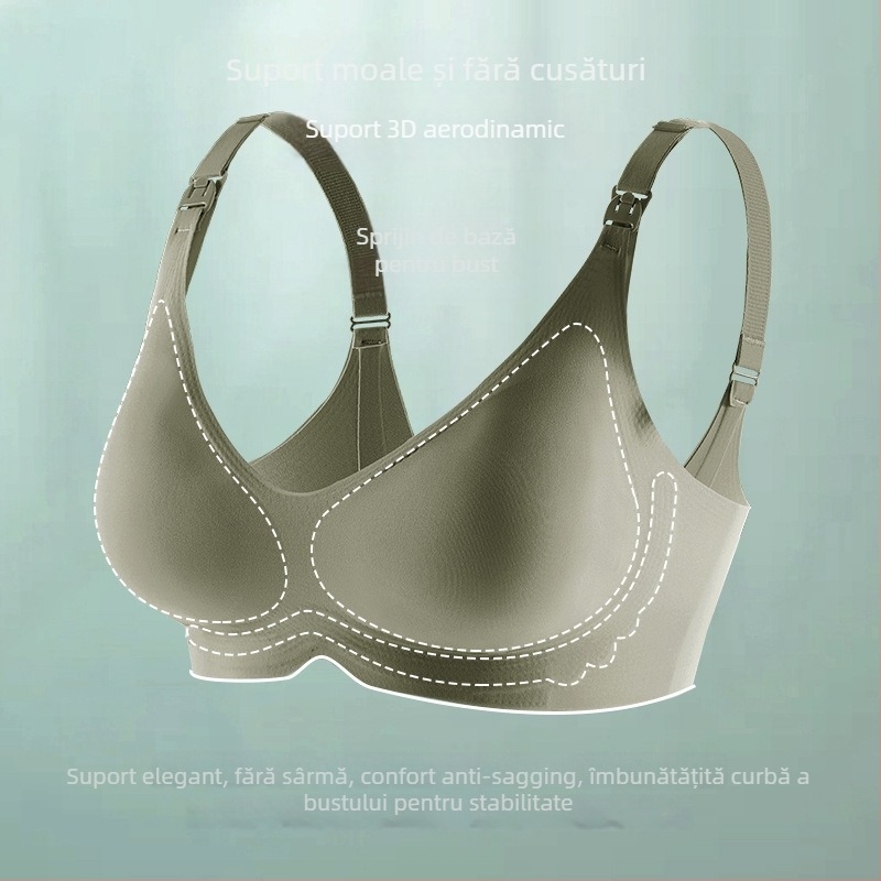 Sutien de alăptare pentru sarcină – material principal nylon, căptușeală din spandex (30–50%), cupe modelate cu vârf subțire în sus și bază mai groasă, închidere la spate cu trei rânduri de carlige, bretele fixe dublu, design dintr-o bucată