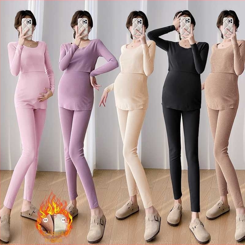 Set termic pentru maternitate pentru alăptare, iarnă — catifea dublă pe ambele fețe, țesătură fără cusături, mâneci lungi, guler înalt