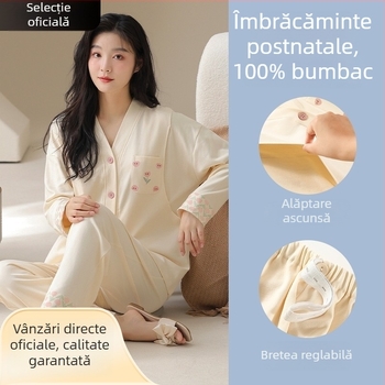 Set pijamale maternitate și alăptare – bumbac 100%, stil kimono, mâneci lungi, top cu pantaloni, greutate medie 181–200 g/m2