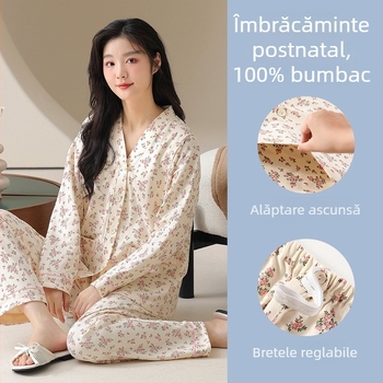 Set pijamale maternitate și alăptare – bumbac 100%, stil kimono, mâneci lungi, top cu pantaloni, greutate medie 181–200 g/m2